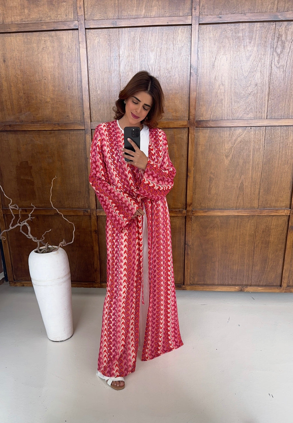 KIMONO ZIGZAG CROCHET ROSE AVEC CEINTURE - SAHI