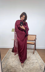 ROBE SATIN BORDEAUX AVEC DENTELLE FOULARD - MALIKA