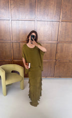 Lime chiffon dress with ruffle- jesna - 2