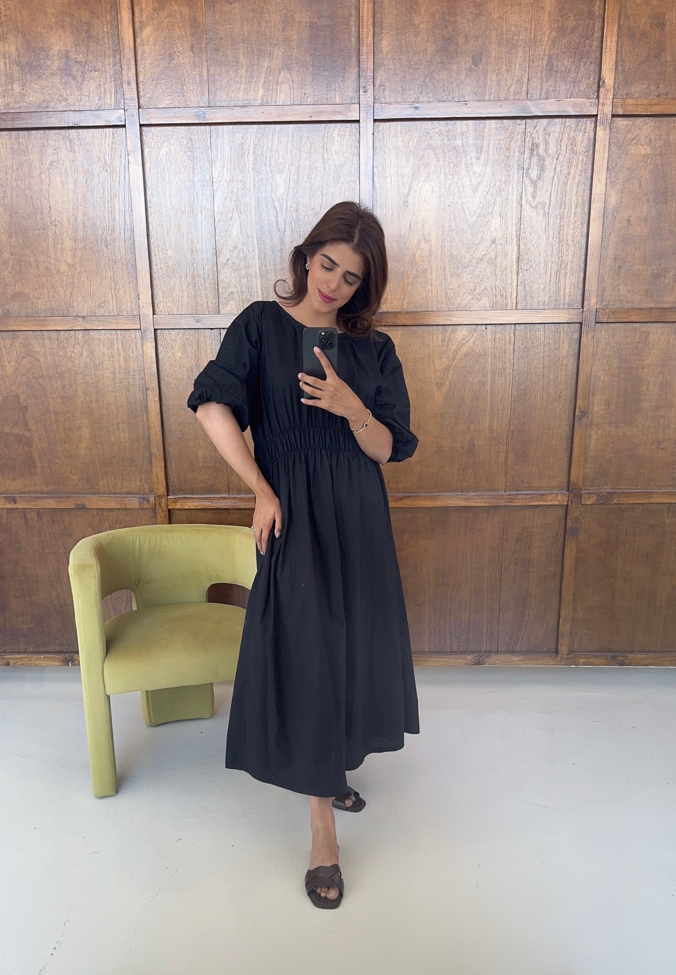 ROBE FRONCÉ MIDI NOIR - SOFIA