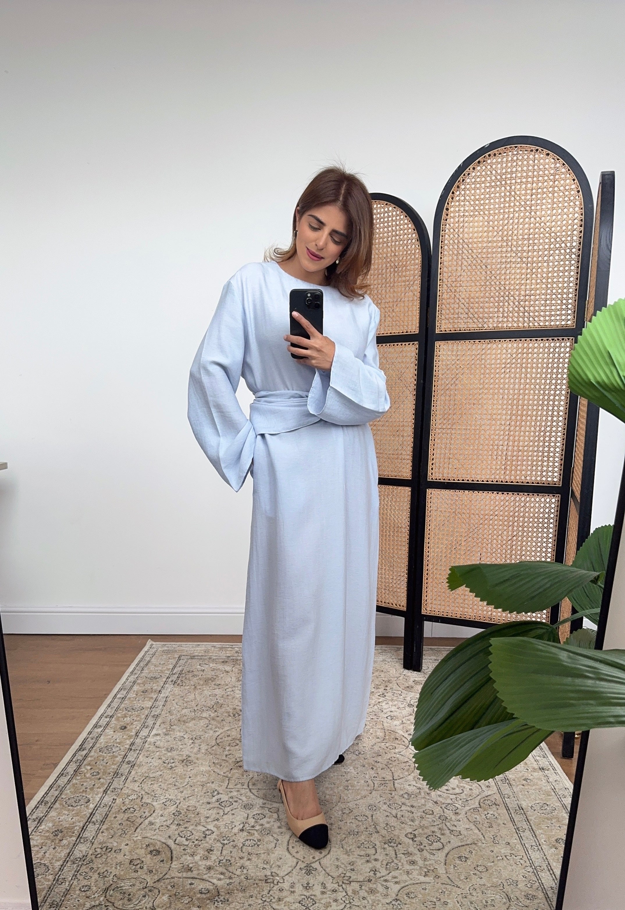 ROBE LIN MÉLANGE POUDRÉ BLEU AVEC CEINTURE - NARIA