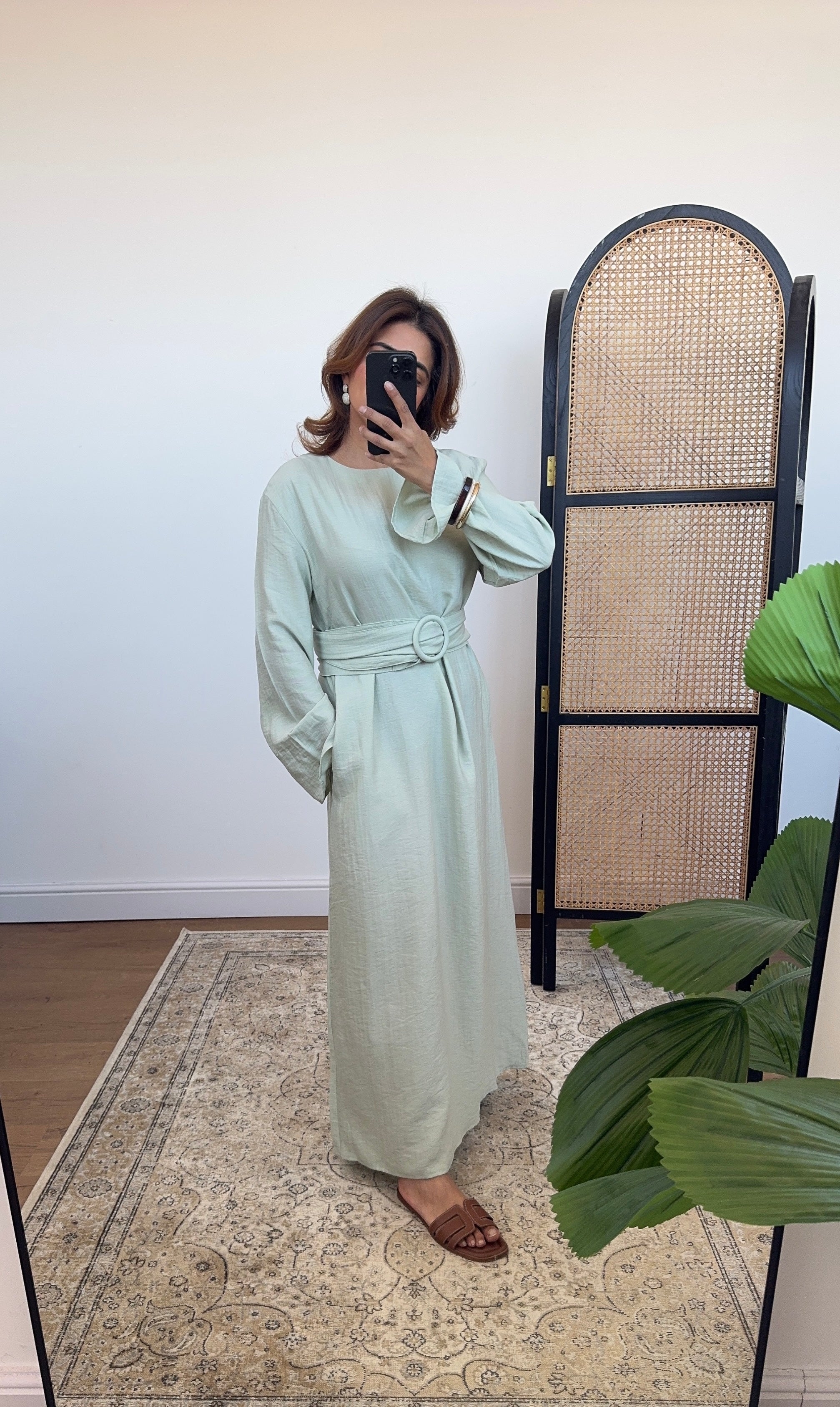 ROBE LIN MÉLANGE SAUGE AVEC CEINTURE - NARIA