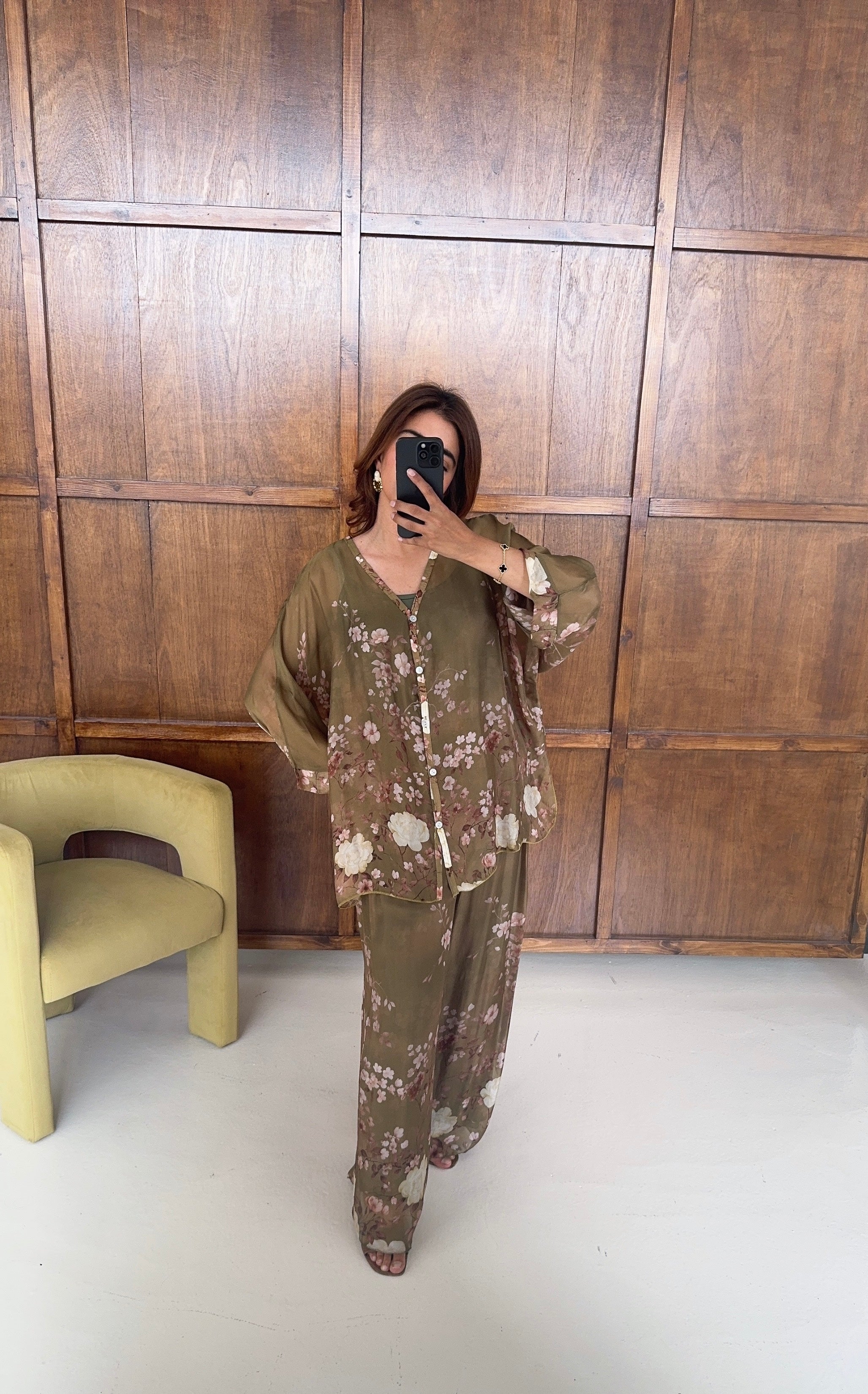ENSEMBLE FLEURI MOUSSELINE SOIE OLIVE - NEVA