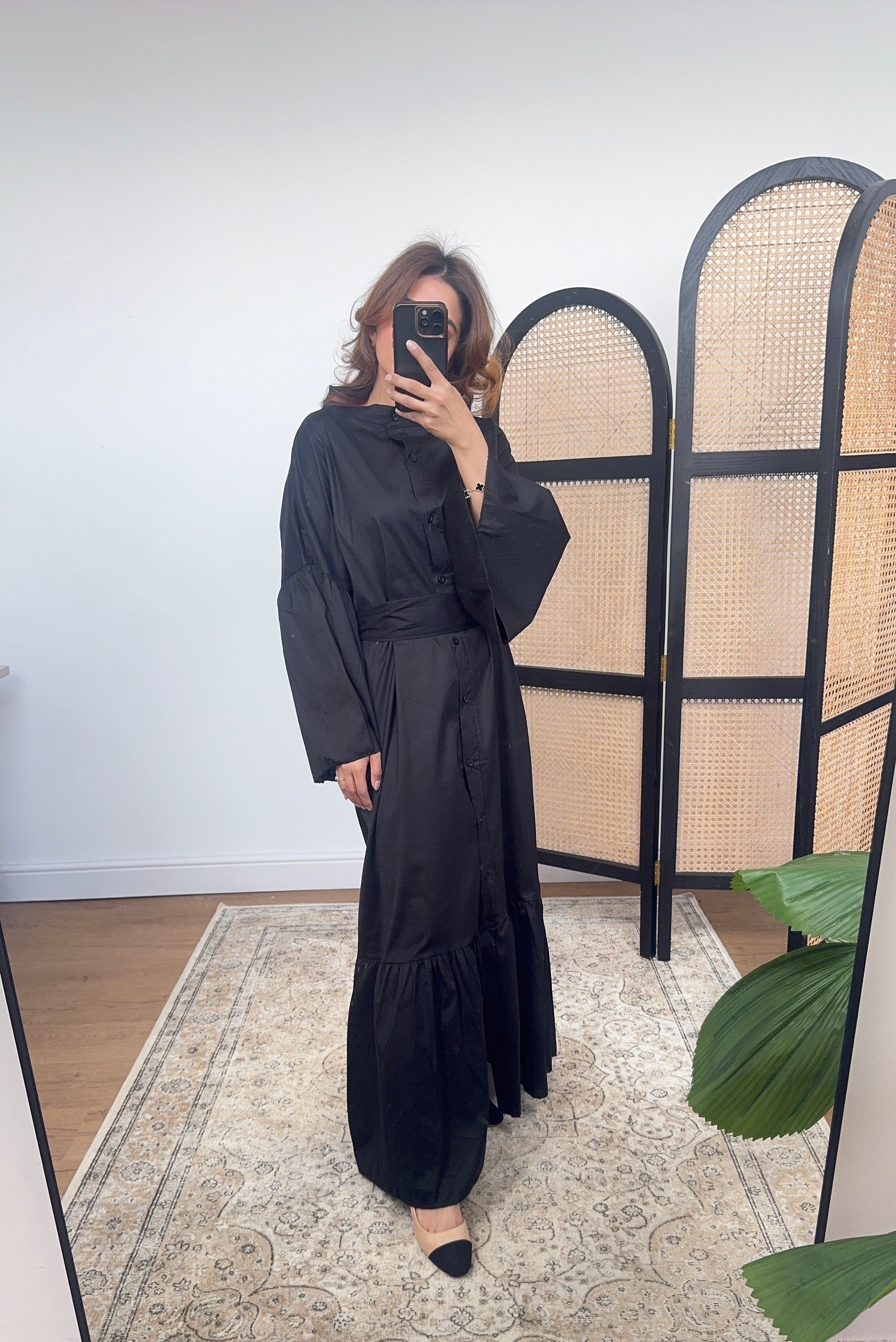 ROBE COL HAUT BOUTON COTON NOIR - FAISA