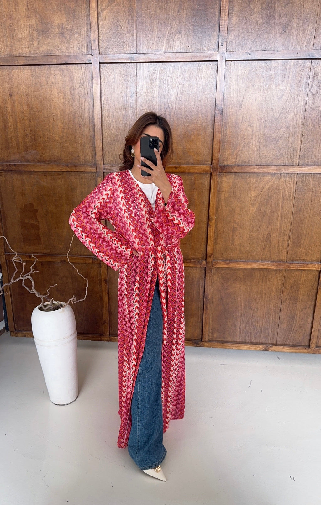 KIMONO ZIGZAG CROCHET ROSE AVEC CEINTURE - SAHI