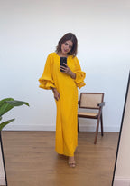ROBE LONGUE AVEC VOLANT MANCHES MOUTARDE - LILY