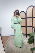 PISTACHIO MANCHES LONGUES COTON PLISSÉ ROBE - NIRA