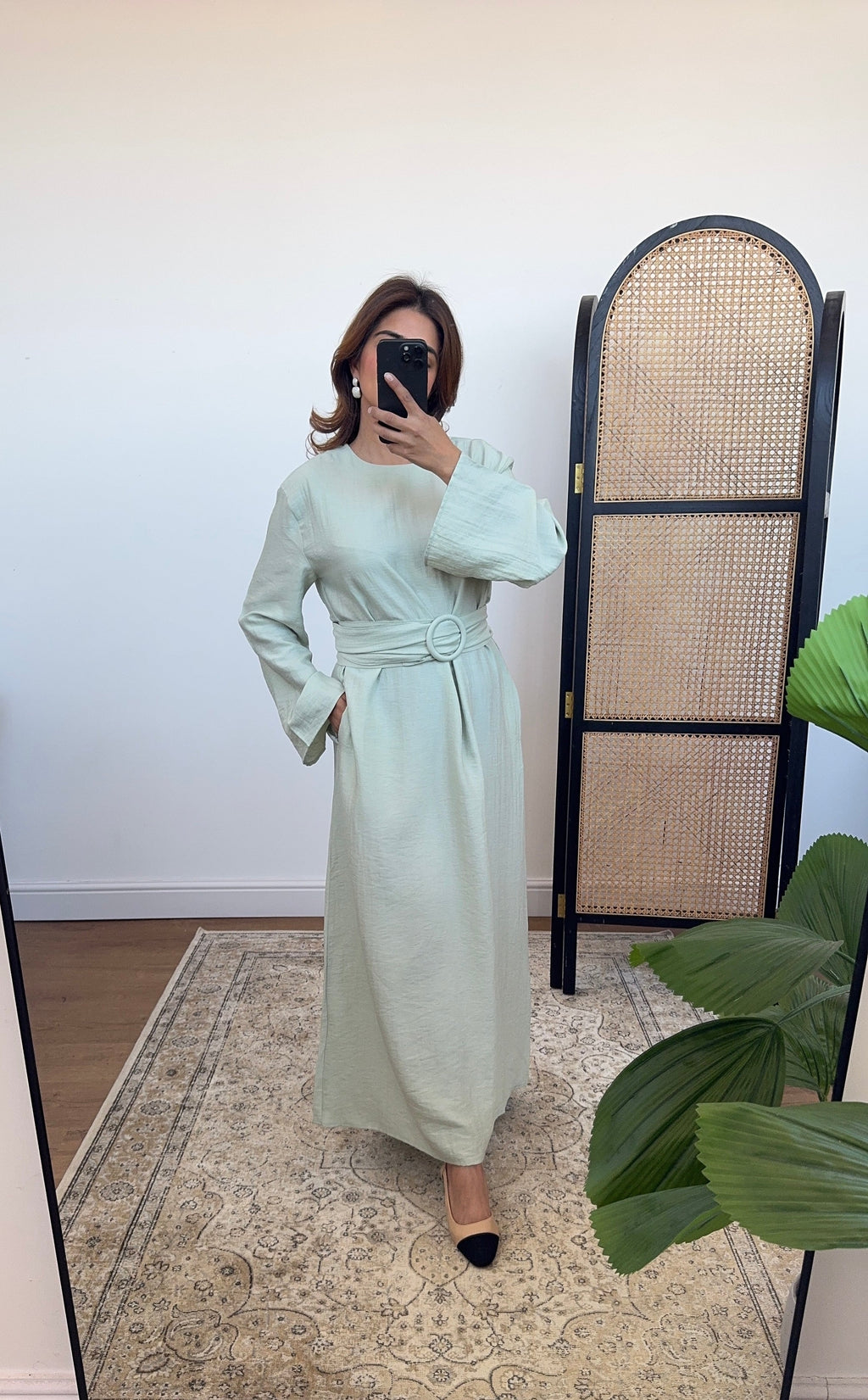 ROBE LIN MÉLANGE SAUGE AVEC CEINTURE - NARIA