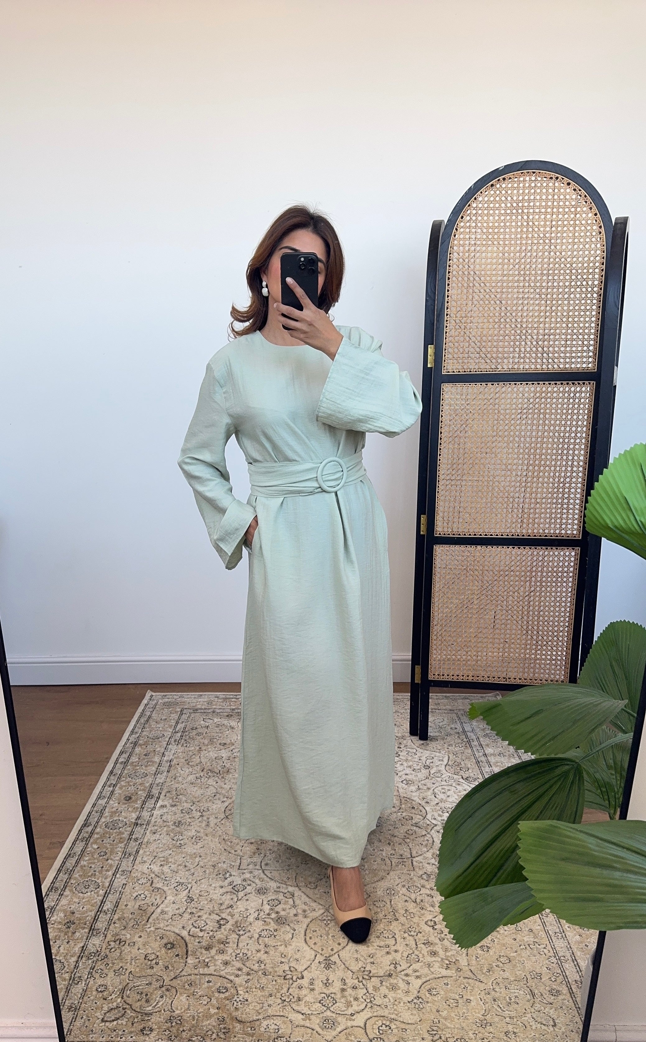 ROBE LIN MÉLANGE SAUGE AVEC CEINTURE - NARIA