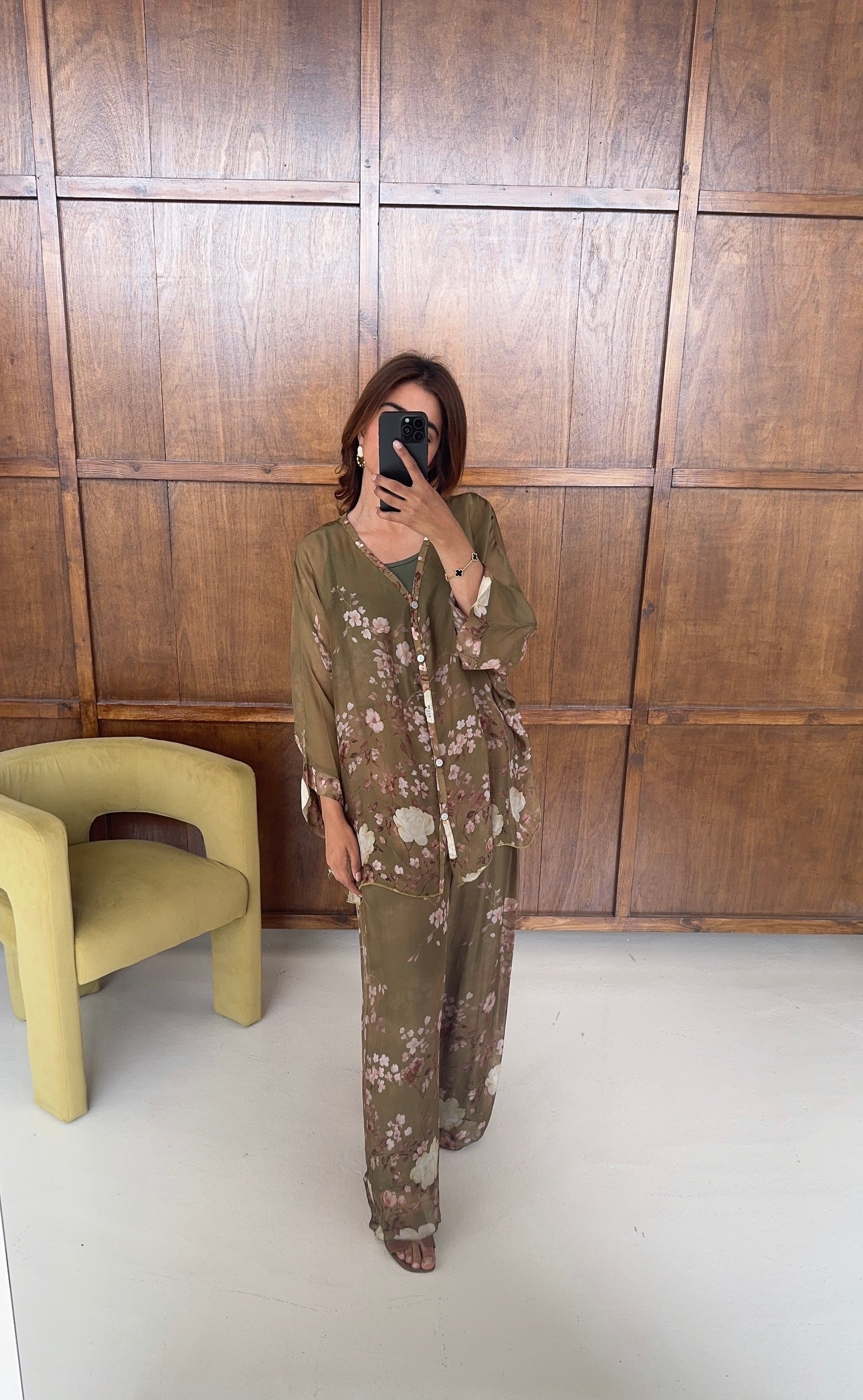 ENSEMBLE FLEURI MOUSSELINE SOIE OLIVE - NEVA