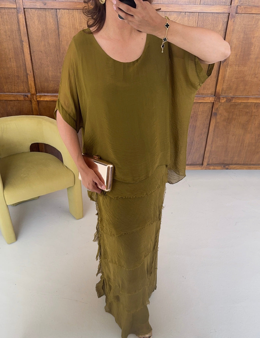 Lime chiffon dress with ruffle- jesna - 3