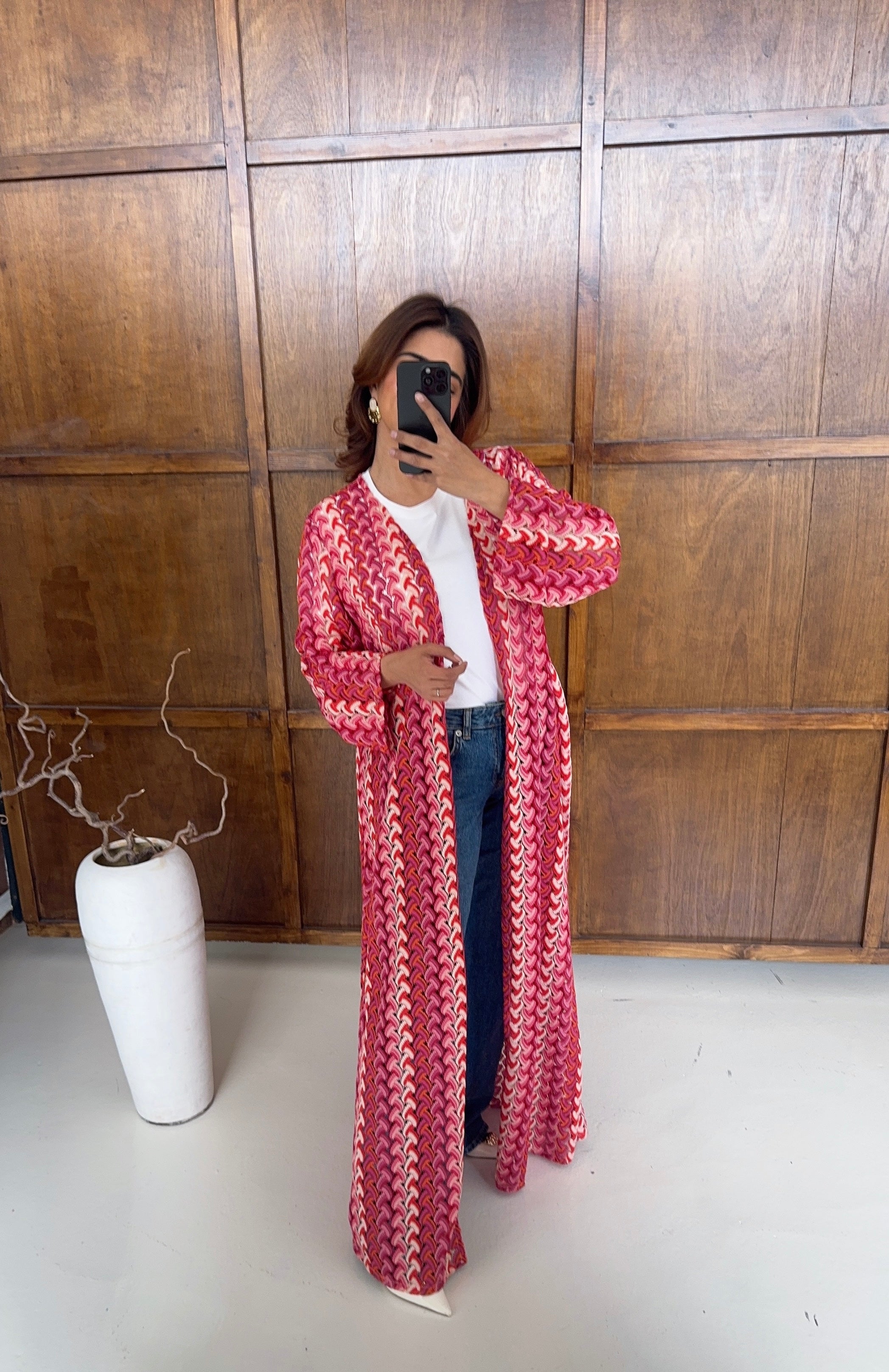 KIMONO ZIGZAG CROCHET ROSE AVEC CEINTURE - SAHI