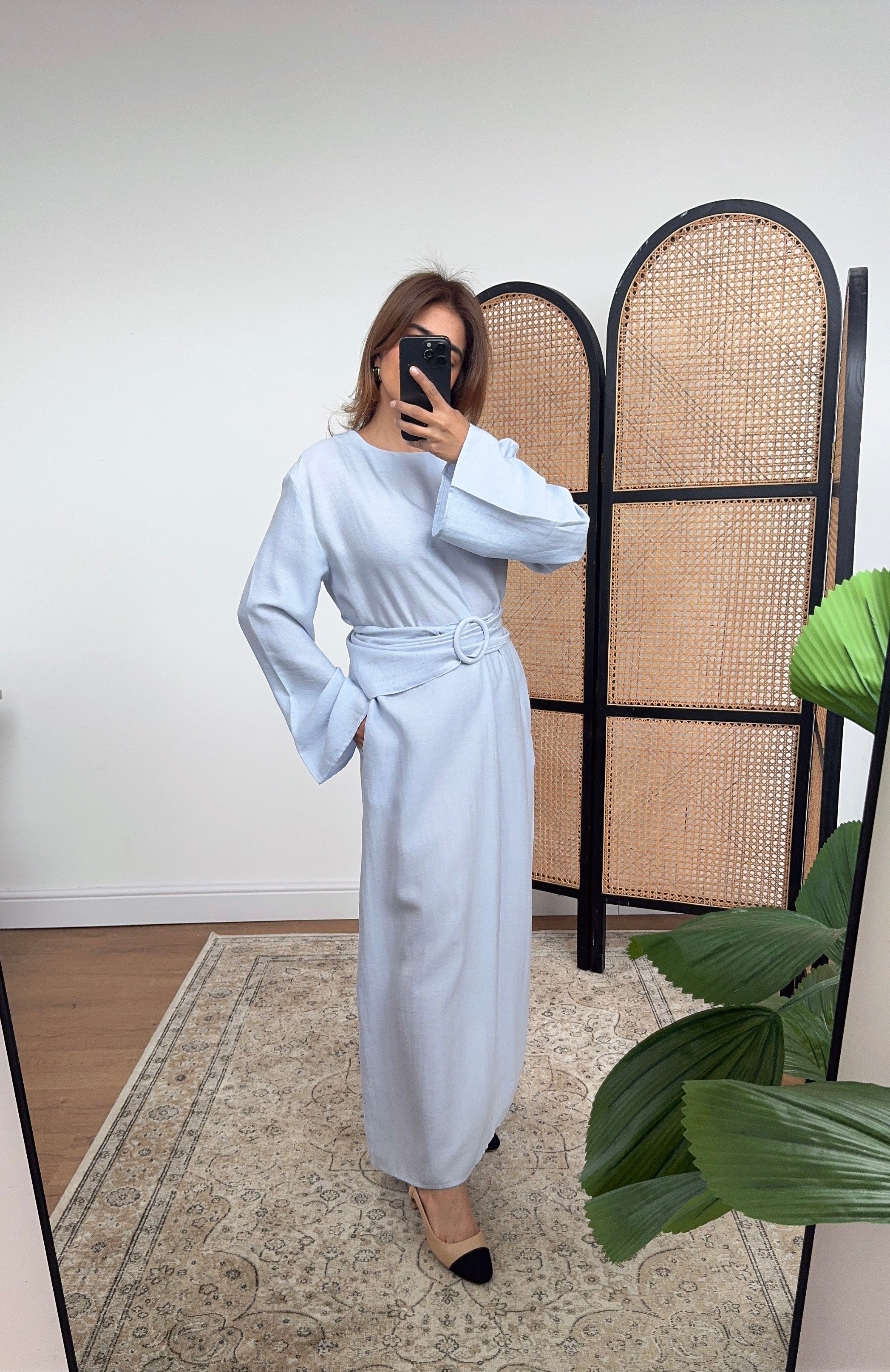 ROBE LIN MÉLANGE POUDRÉ BLEU AVEC CEINTURE - NARIA
