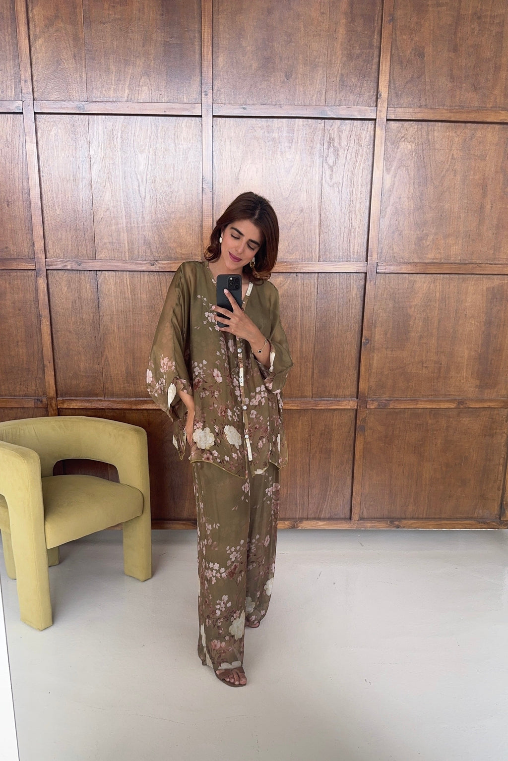 ENSEMBLE FLEURI MOUSSELINE SOIE OLIVE - NEVA