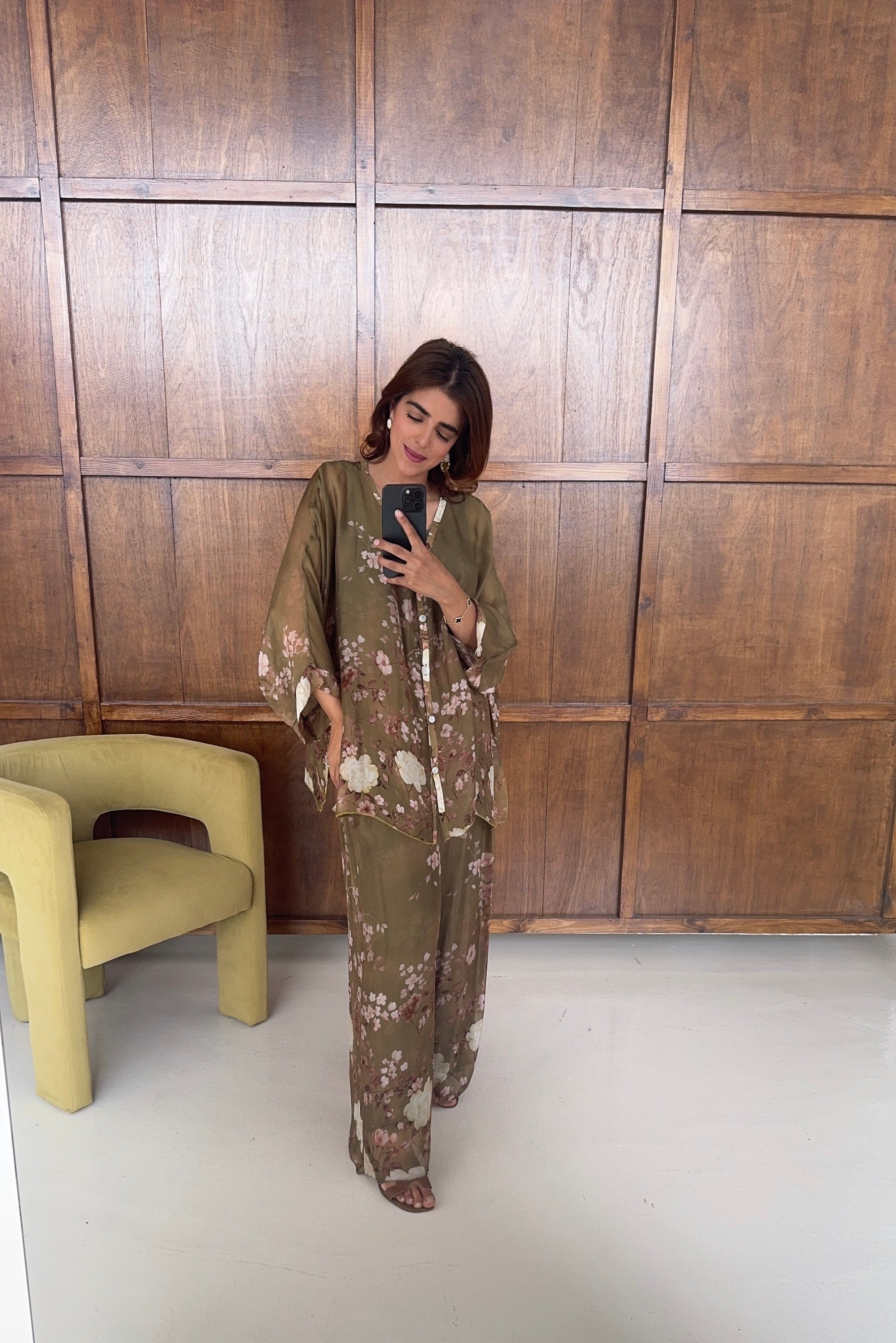 ENSEMBLE FLEURI MOUSSELINE SOIE OLIVE - NEVA