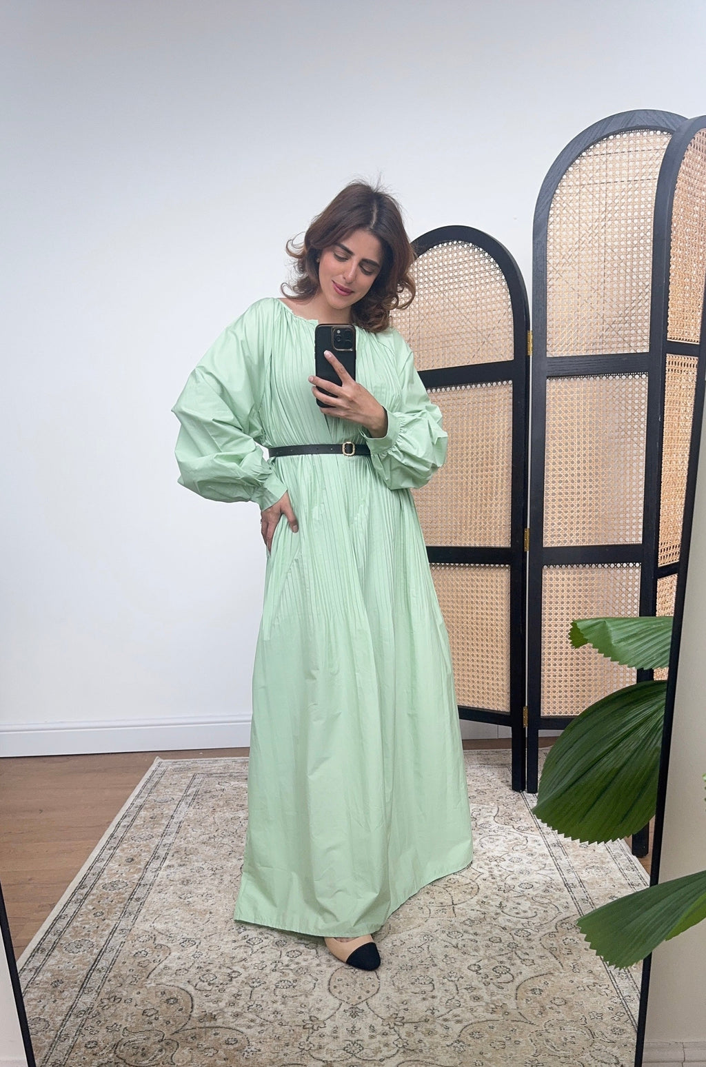 PISTACHIO MANCHES LONGUES COTON PLISSÉ ROBE - NIRA