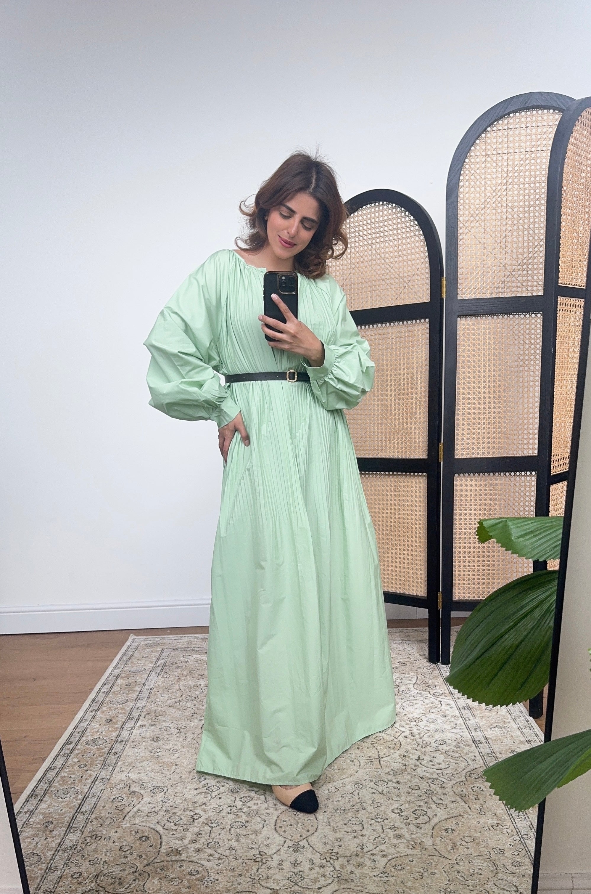 PISTACHIO MANCHES LONGUES COTON PLISSÉ ROBE - NIRA