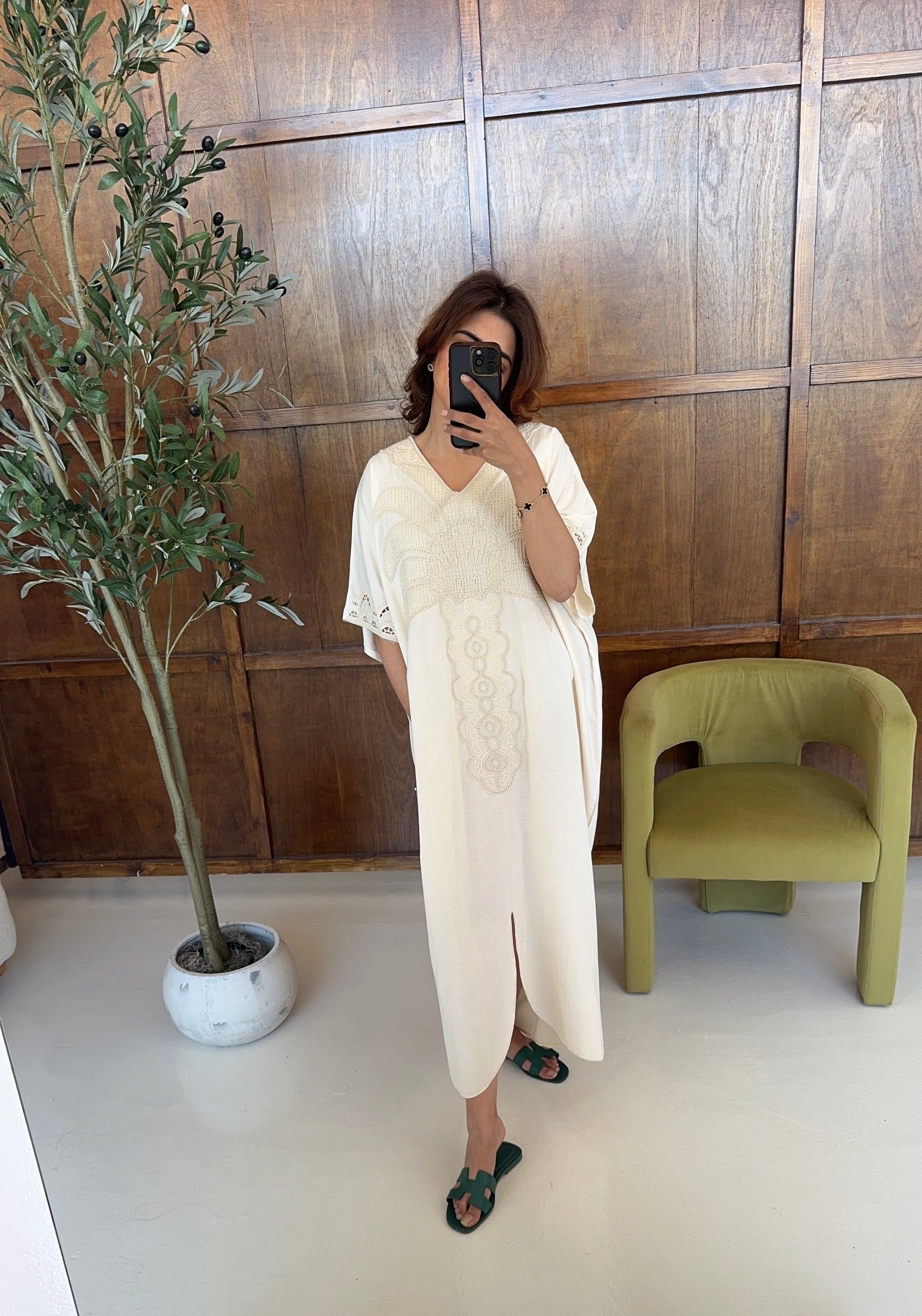 CAFTAN COTON MÉLANGE BRODÉ CRÈME - ADINA