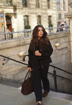 VESTE DENIM NOIR AVEC COL VELOURS CÔTELÉ - KAYA